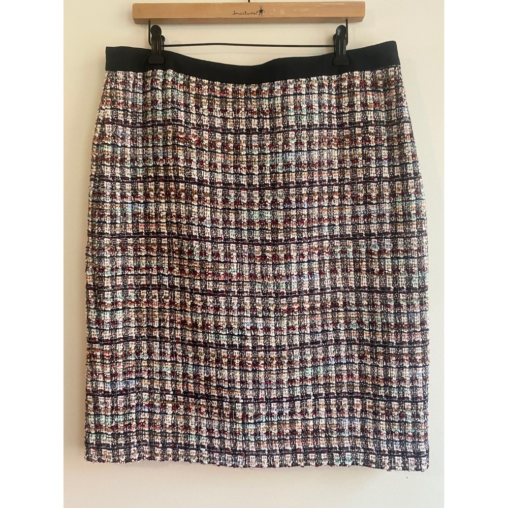 Talbots Black White Red Gold Tweed Straight Pencil Knee Length Skirt Size 14